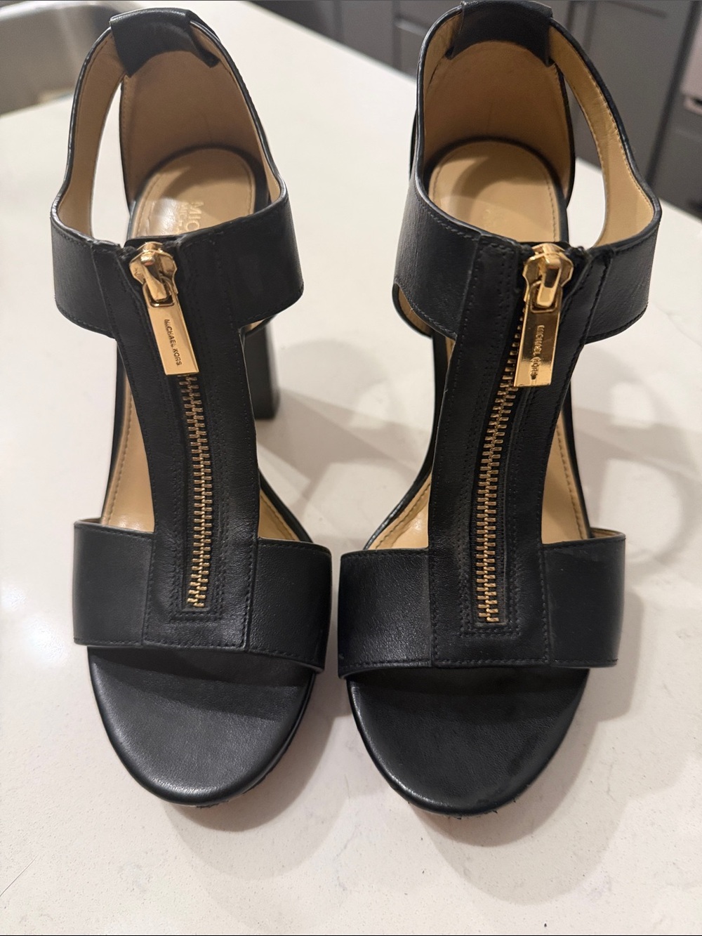 Michael Kors Black Leather T-Strap Block Heel Sandals with Gold Zipper